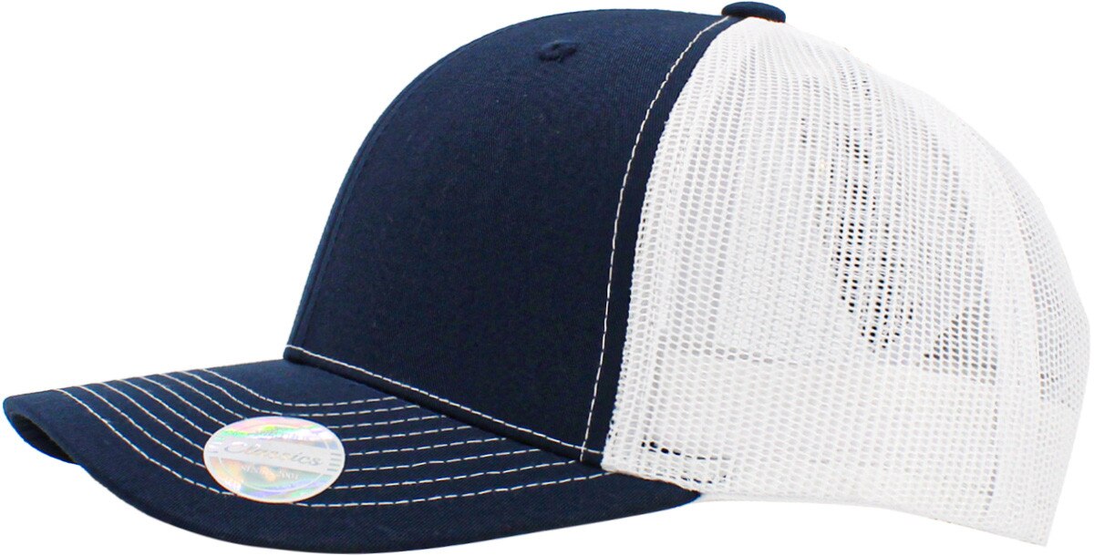 Navy Blue White Two Tone Classic 6 Panel Trucker Mesh Snapback Side View